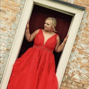 Sherri Hill Red Beaded and Lace Prom Dress
